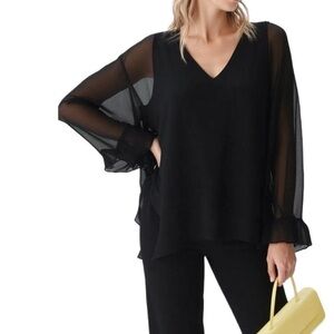 ZARA NWOT Billowy Semi Sheer Long Sleeve Blouse in Black Size XS